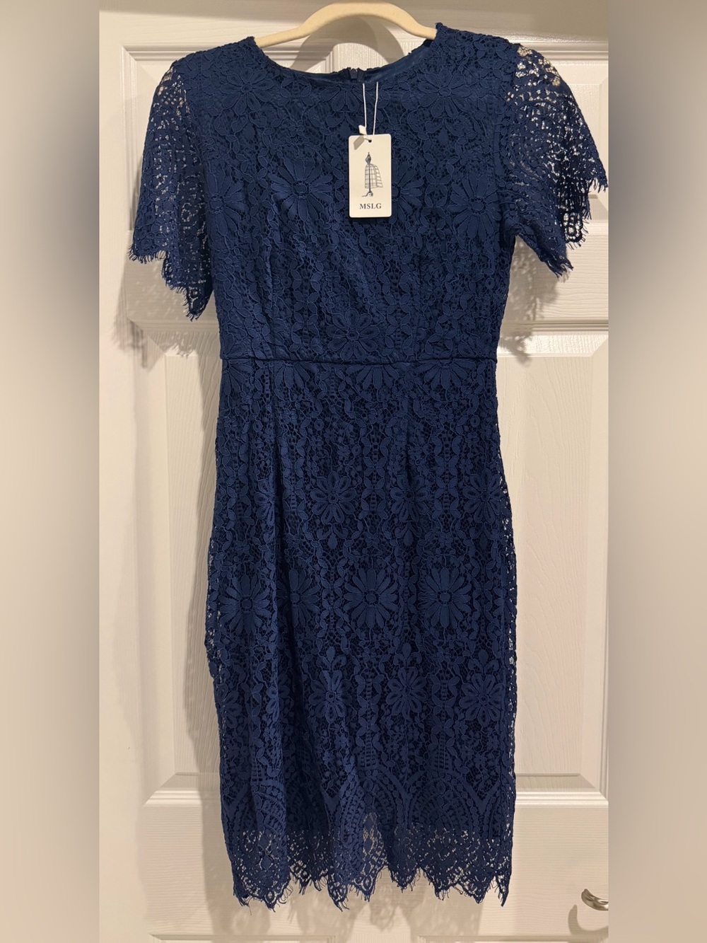 Navy Lace Midi Dress with Scalloped Hem